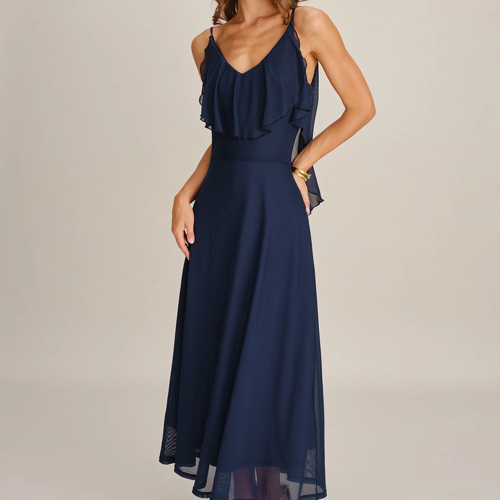 Vestido Largo De Malla Azul, Cuello En V Con Volantes