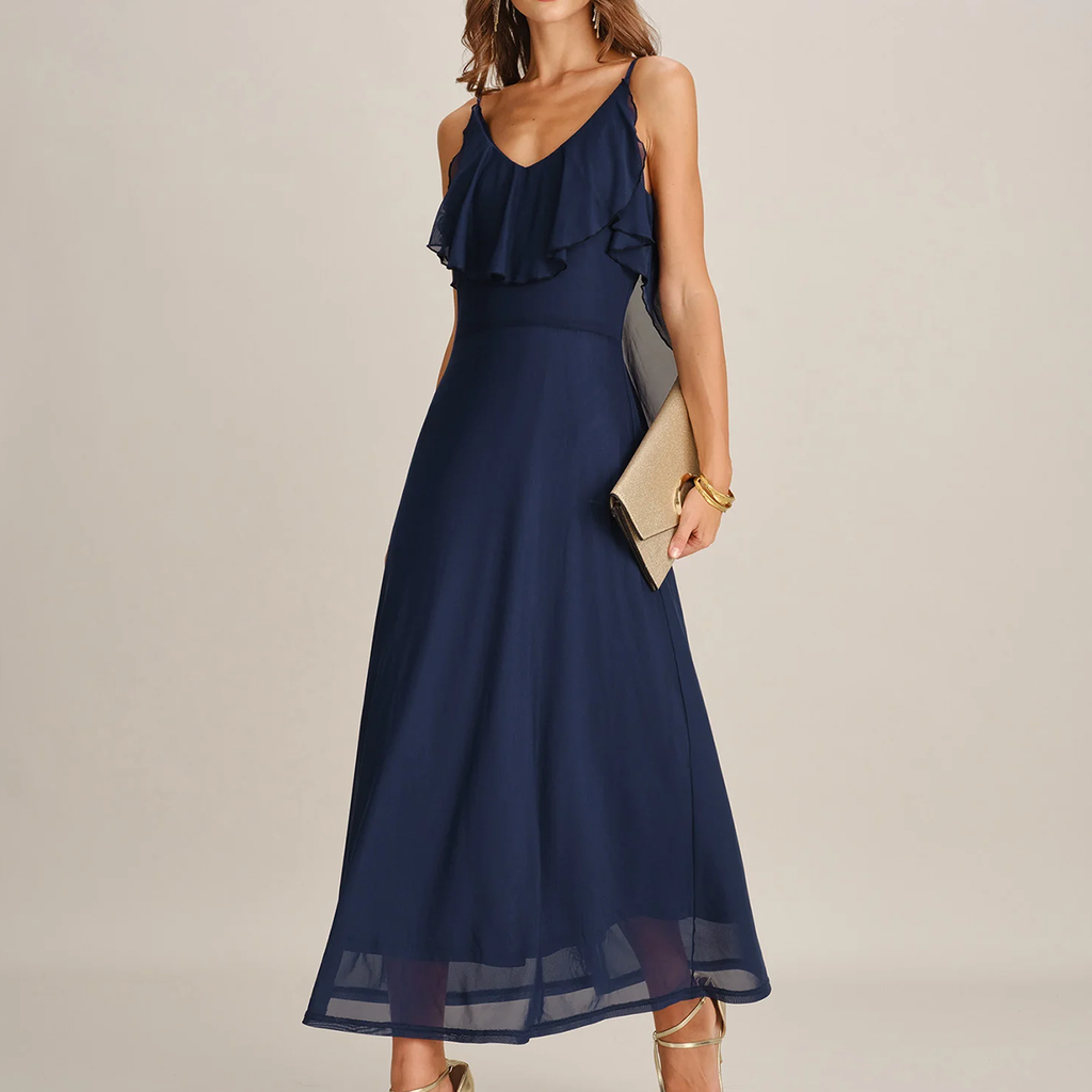 Vestido Largo De Malla Azul, Cuello En V Con Volantes
