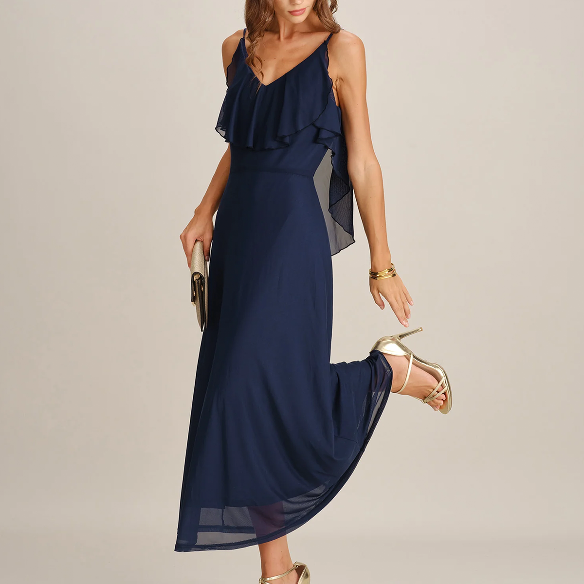 Vestido Largo De Malla Azul, Cuello En V Con Volantes