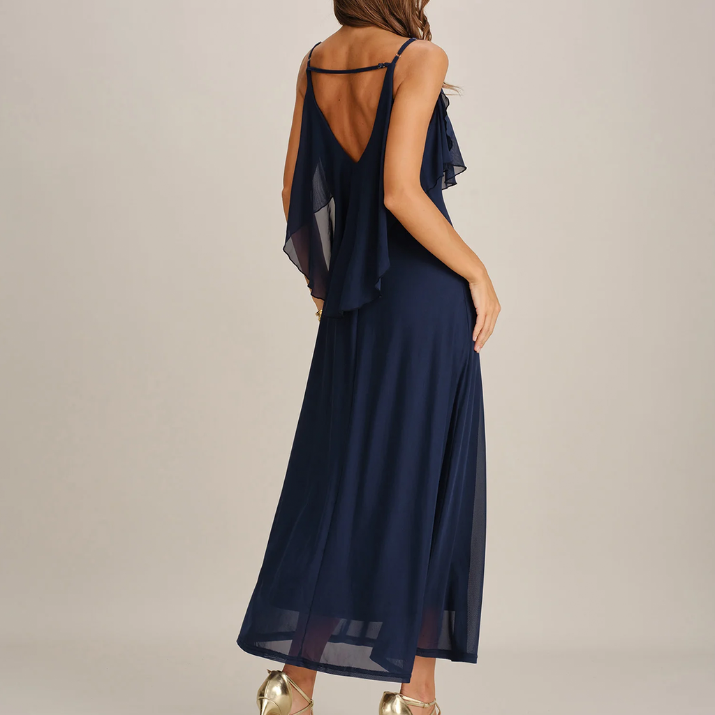 Vestido Largo De Malla Azul, Cuello En V Con Volantes