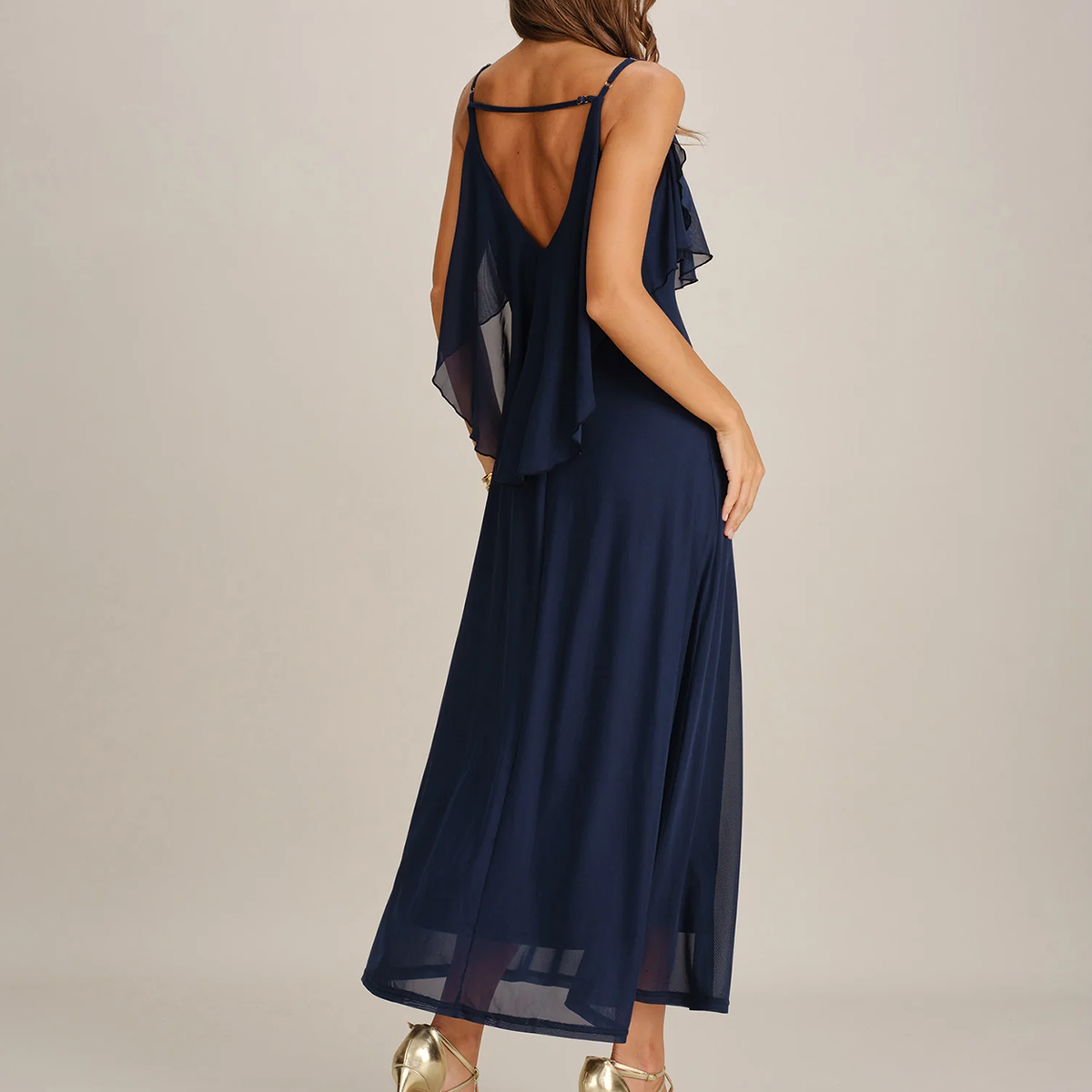 Vestido Largo De Malla Azul, Cuello En V Con Volantes