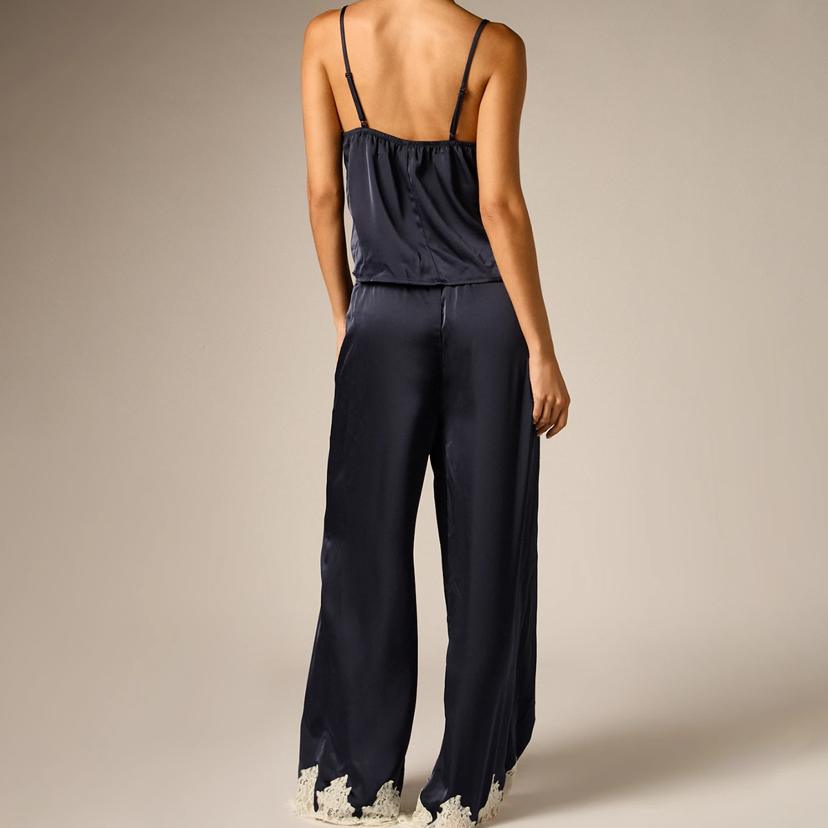 Conjunto De Pijama De Satén Azul Marino, Top Con Tirantes Y Pantalones Anchos Con Encaje Contrastante